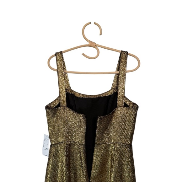 Mestiza New York Jody Metallic Gold Tweed Square Neck Flutter Hem Midi Dress - Picture 9 of 16
